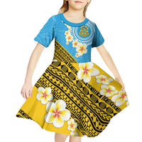 Tuvalu Plumeria Flowers Kid Short Sleeve Dress Polynesian Tribal Pattern