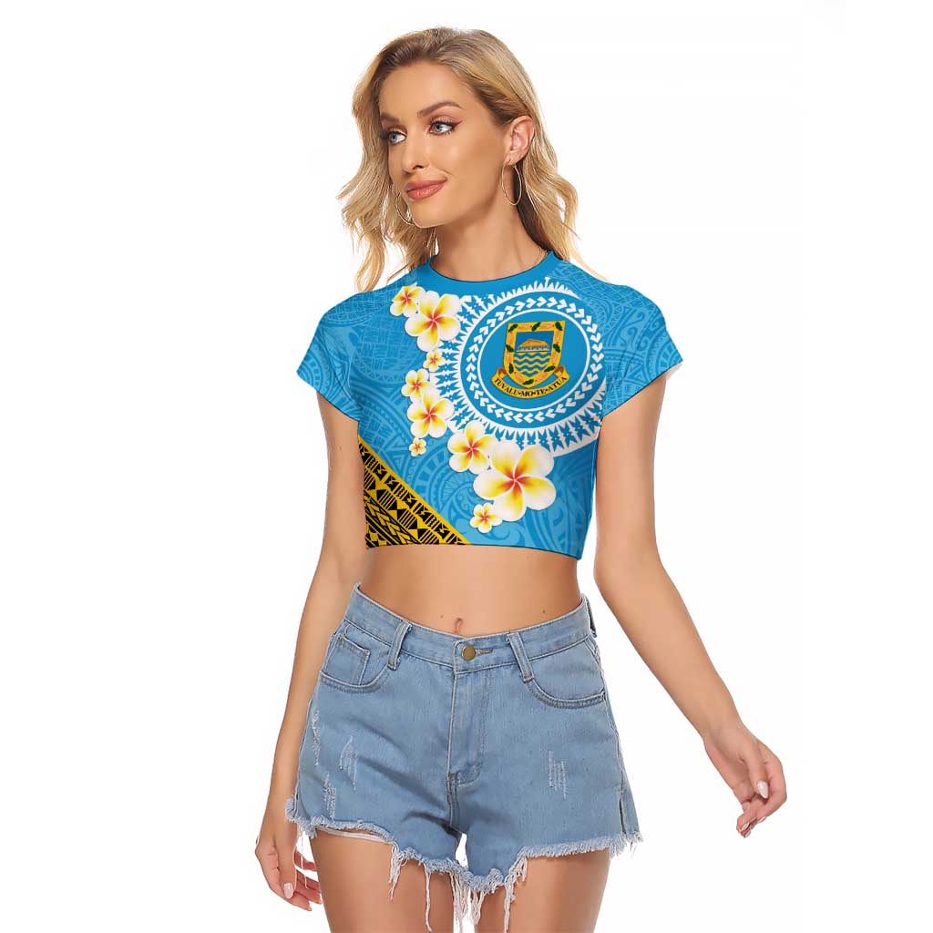 Tuvalu Plumeria Flowers Raglan Cropped T Shirt Polynesian Tribal Pattern