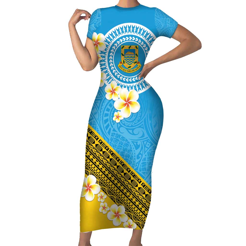 Tuvalu Plumeria Flowers Short Sleeve Bodycon Dress Polynesian Tribal Pattern