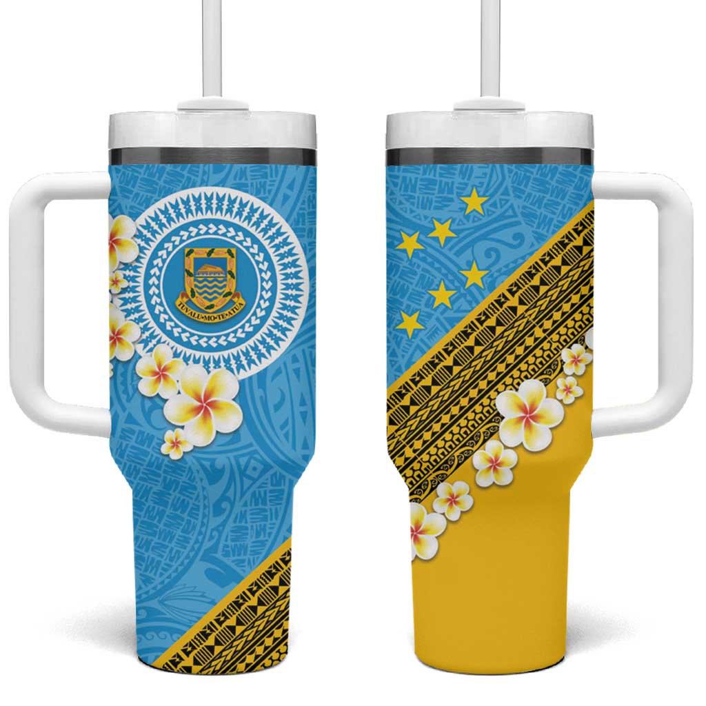 Tuvalu Plumeria Flowers Tumbler With Handle Polynesian Tribal Pattern