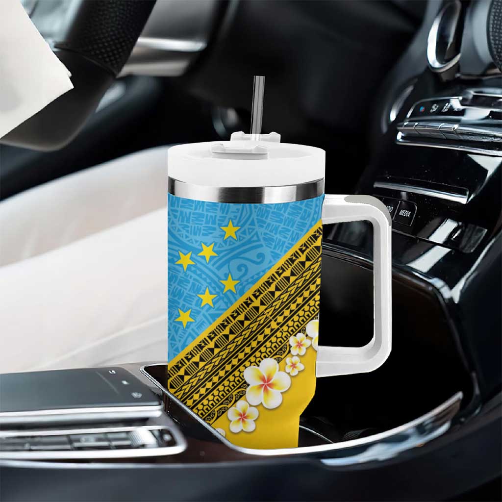 Tuvalu Plumeria Flowers Tumbler With Handle Polynesian Tribal Pattern