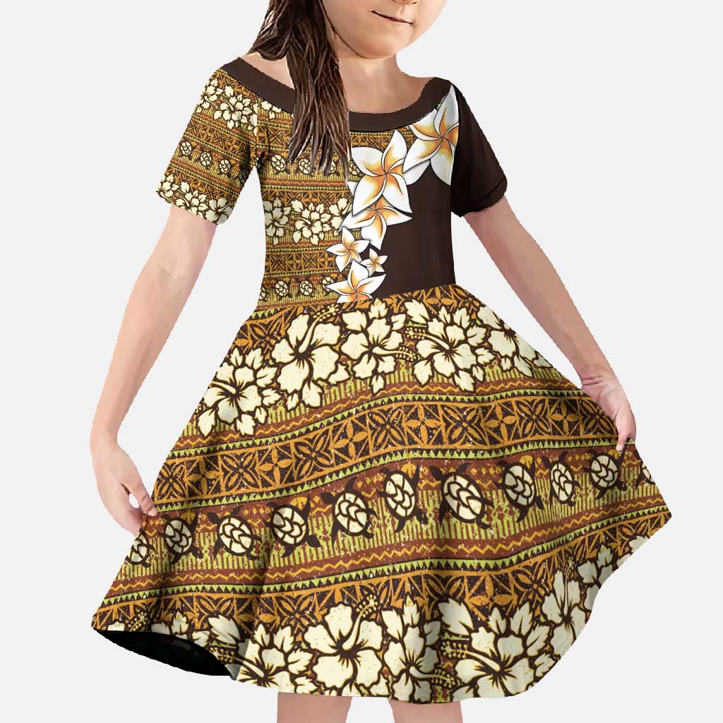 Vintage Hibiscus Turtle Pattern Family Matching Long Sleeve Bodycon Dress and Hawaiian Shirt with Plumeria Half Style LT9 Daughter's Dress Gold - Polynesian Pride