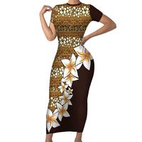Vintage Hibiscus Turtle Pattern Family Matching Short Sleeve Bodycon Dress and Hawaiian Shirt with Plumeria Half Style LT9 Mom's Dress Gold - Polynesian Pride