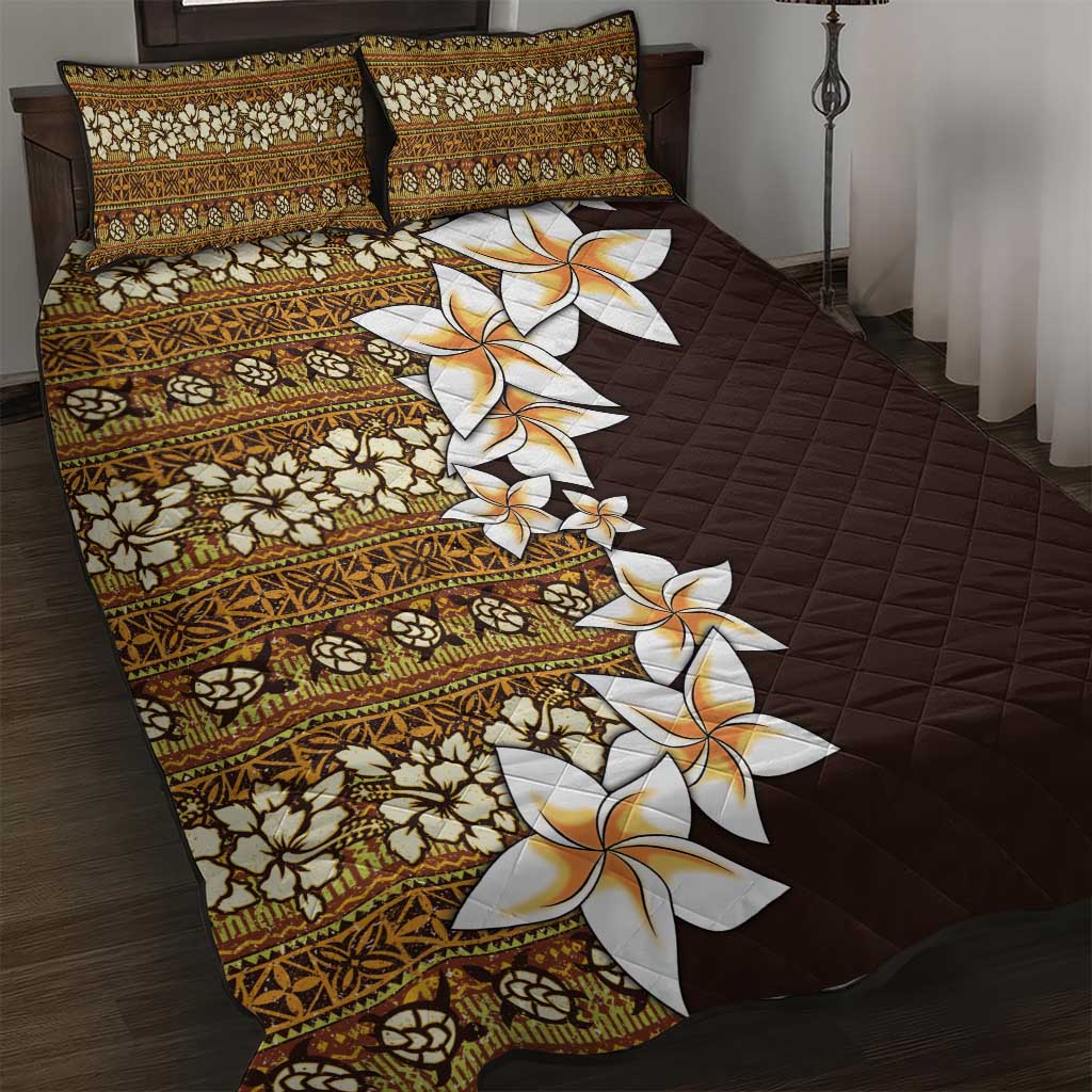 Vintage Hibiscus Turtle Pattern Quilt Bed Set with Plumeria Half Style