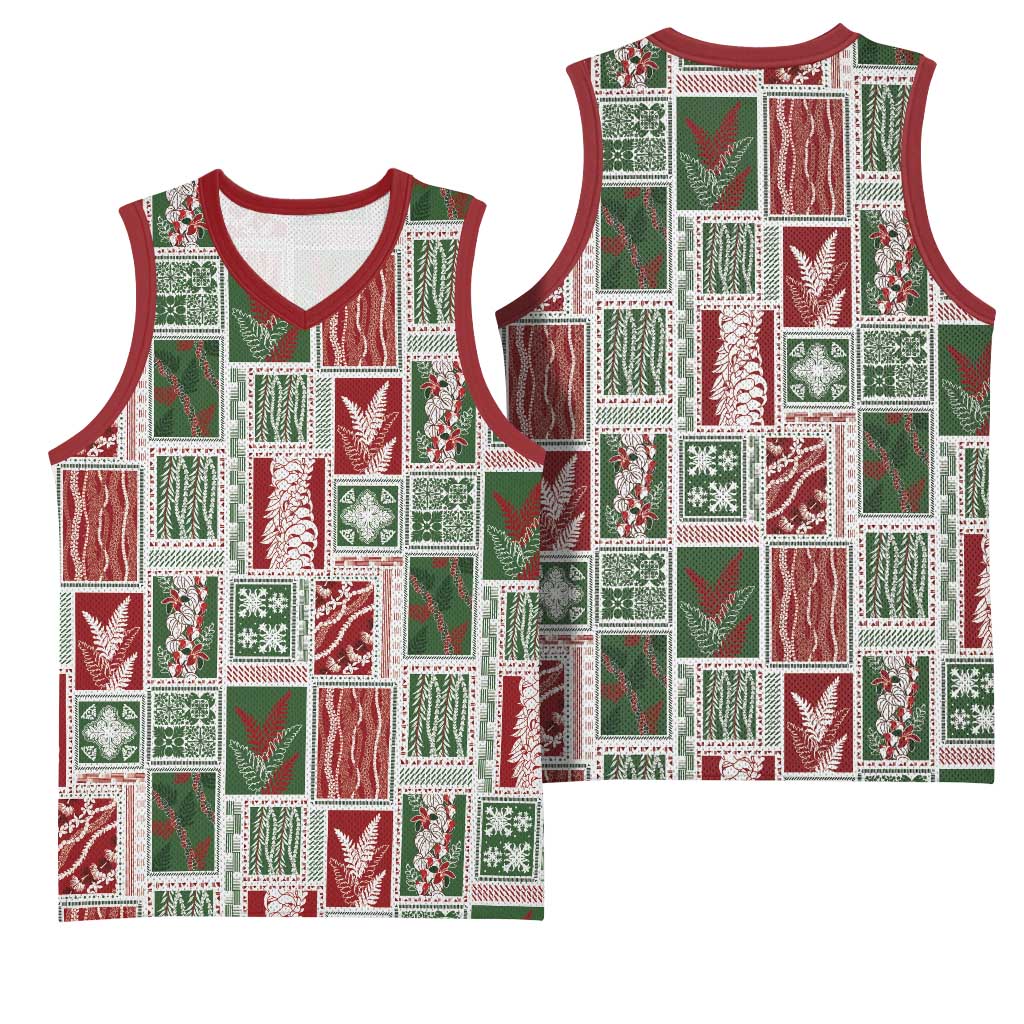 Mele Kalikimaka Hawaiian Quilt and Lei Patchwork Basketball Jersey - Polynesian Pride