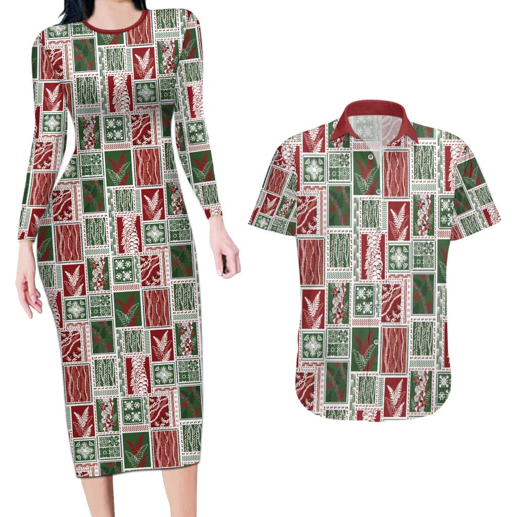 Mele Kalikimaka Hawaiian Quilt and Lei Patchwork Couples Matching Long Sleeve Bodycon Dress and Hawaiian Shirt - Polynesian Pride