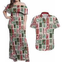 Mele Kalikimaka Hawaiian Quilt and Lei Patchwork Couples Matching Off Shoulder Maxi Dress and Hawaiian Shirt - Polynesian Pride