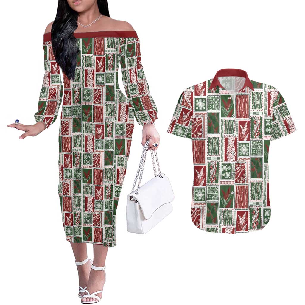 Mele Kalikimaka Hawaiian Quilt and Lei Patchwork Couples Matching Off The Shoulder Long Sleeve Dress and Hawaiian Shirt - Polynesian Pride