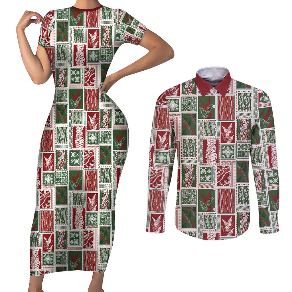 Mele Kalikimaka Hawaiian Quilt and Lei Patchwork Couples Matching Short Sleeve Bodycon Dress and Long Sleeve Button Shirt - Polynesian Pride