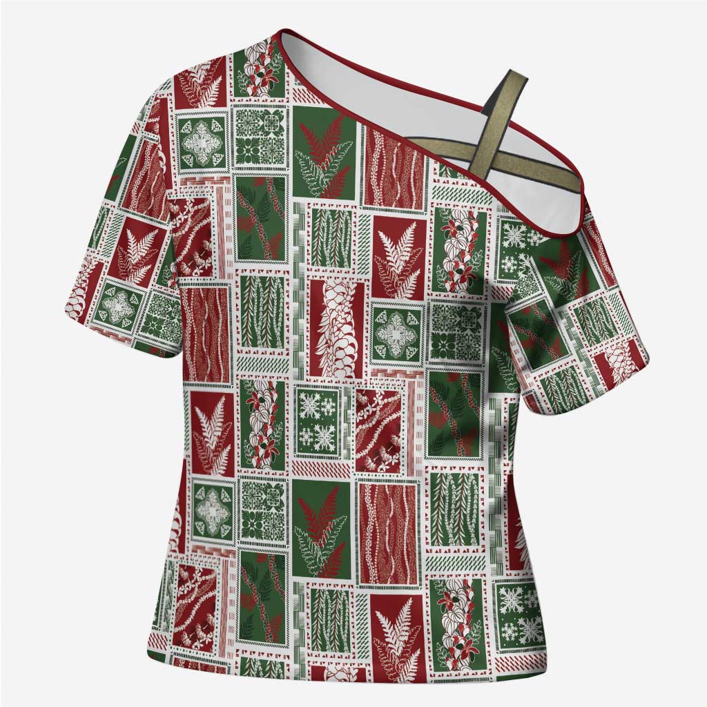 Mele Kalikimaka Hawaiian Quilt and Lei Patchwork Cross Shoulder Shirt - Polynesian Pride