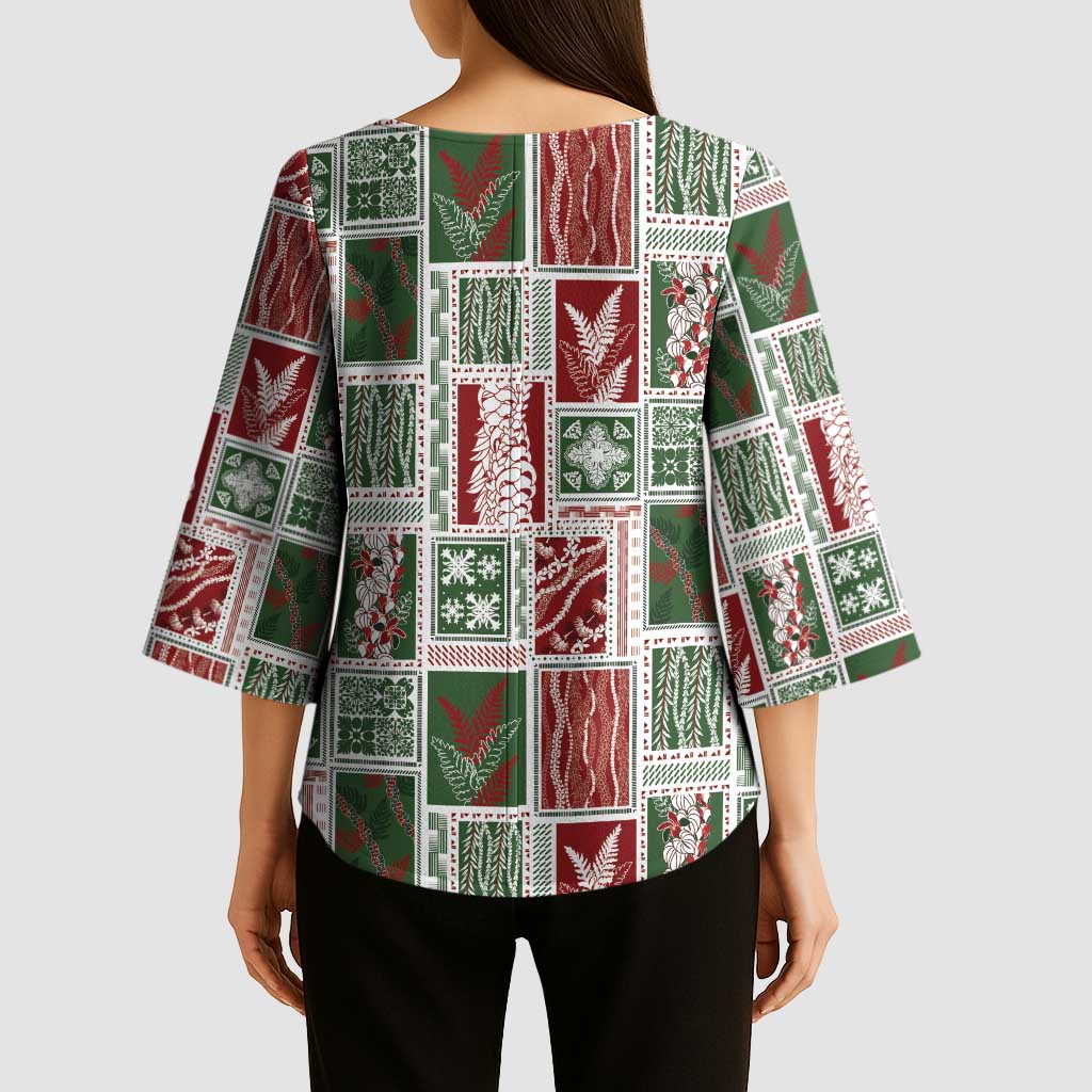 Mele Kalikimaka Hawaiian Quilt and Lei Patchwork Kimono Sleeve Blouse - Polynesian Pride