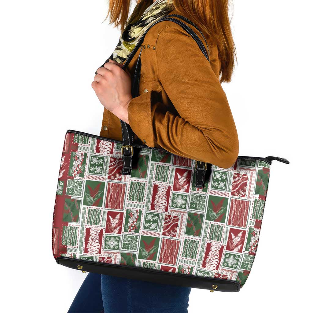 Mele Kalikimaka Hawaiian Quilt and Lei Patchwork Leather Tote Bag - Polynesian Pride