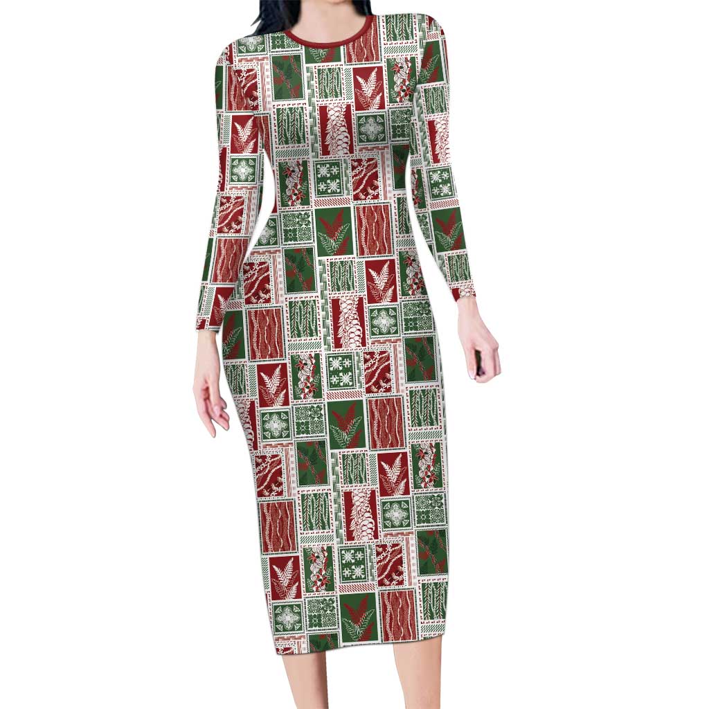 Mele Kalikimaka Hawaiian Quilt and Lei Patchwork Long Sleeve Bodycon Dress - Polynesian Pride