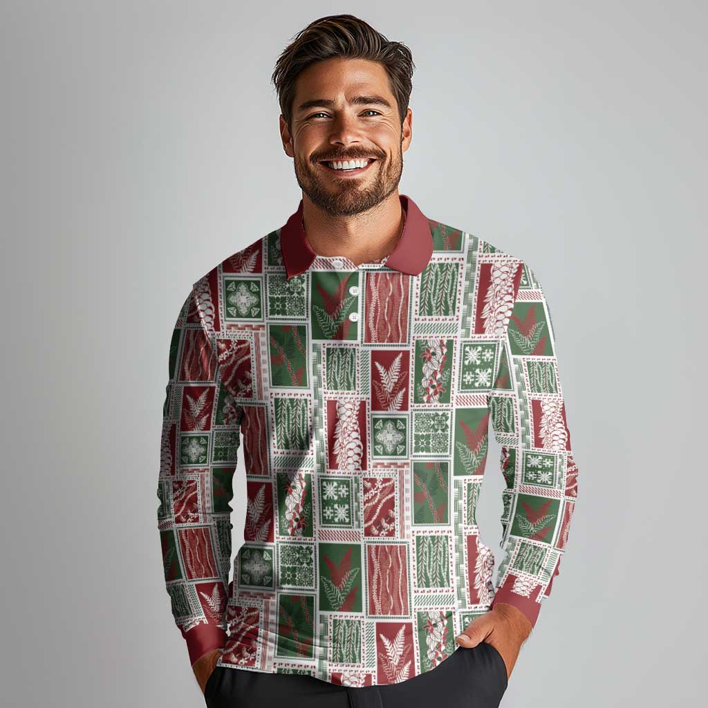 Mele Kalikimaka Hawaiian Quilt and Lei Patchwork Long Sleeve Polo Shirt - Polynesian Pride