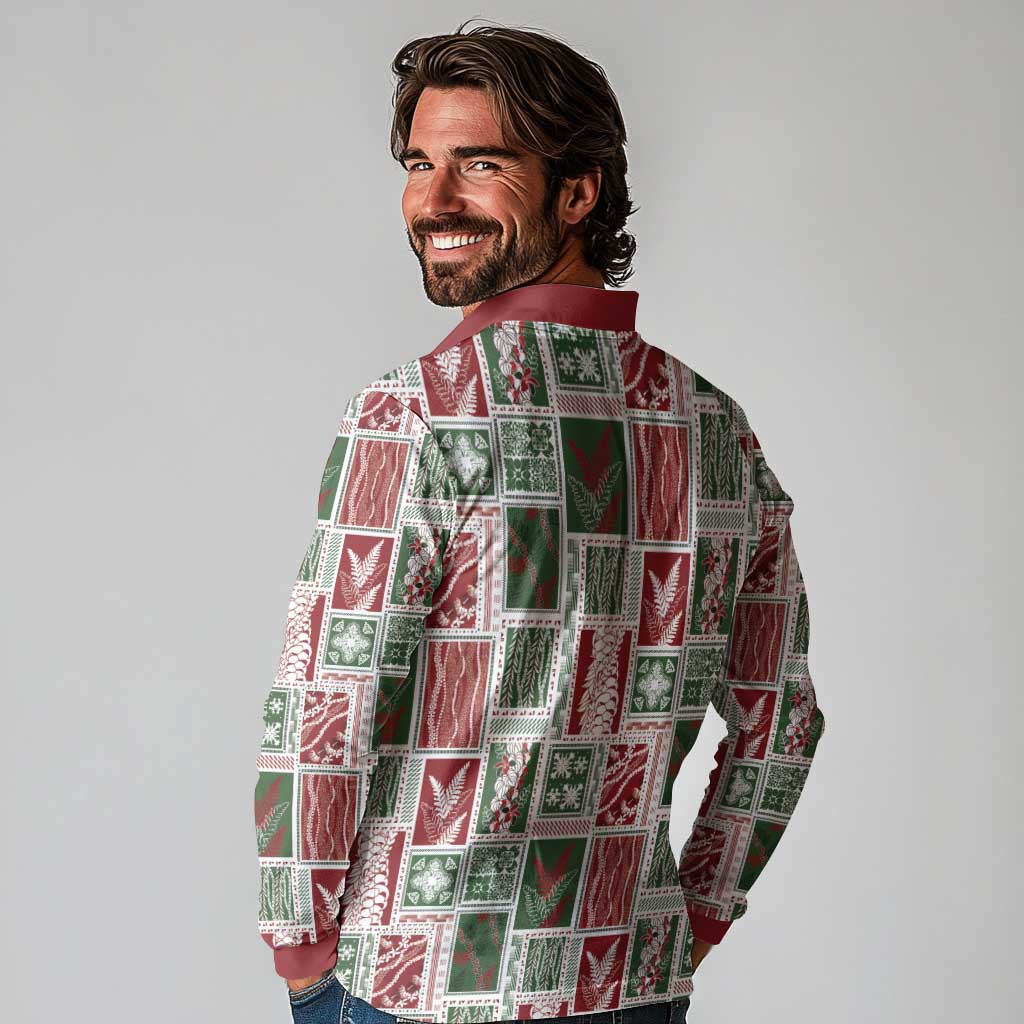 Mele Kalikimaka Hawaiian Quilt and Lei Patchwork Long Sleeve Polo Shirt - Polynesian Pride