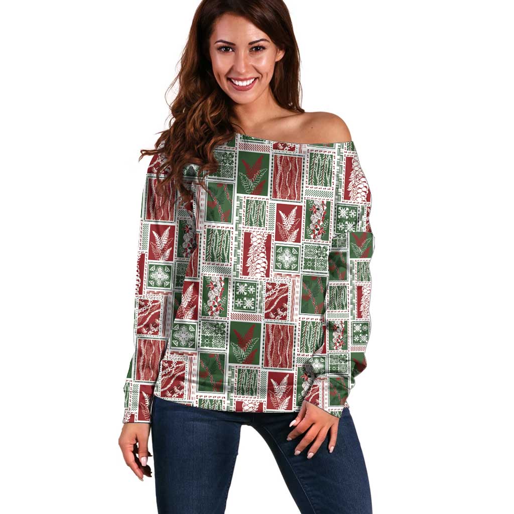 Mele Kalikimaka Hawaiian Quilt and Lei Patchwork Off Shoulder Sweater - Polynesian Pride