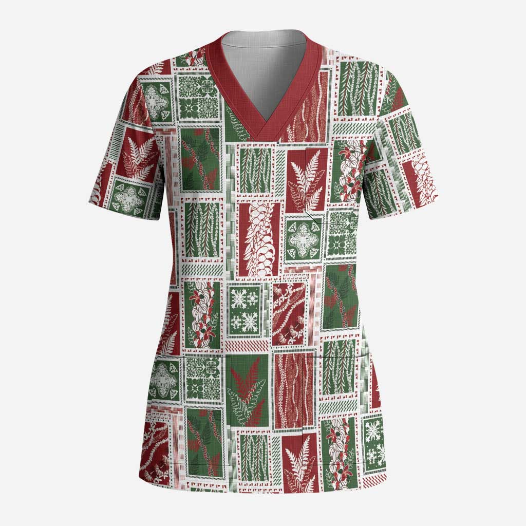 Mele Kalikimaka Hawaiian Quilt and Lei Patchwork Scrub Top - Polynesian Pride