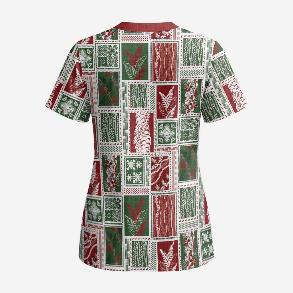 Mele Kalikimaka Hawaiian Quilt and Lei Patchwork Scrub Top - Polynesian Pride