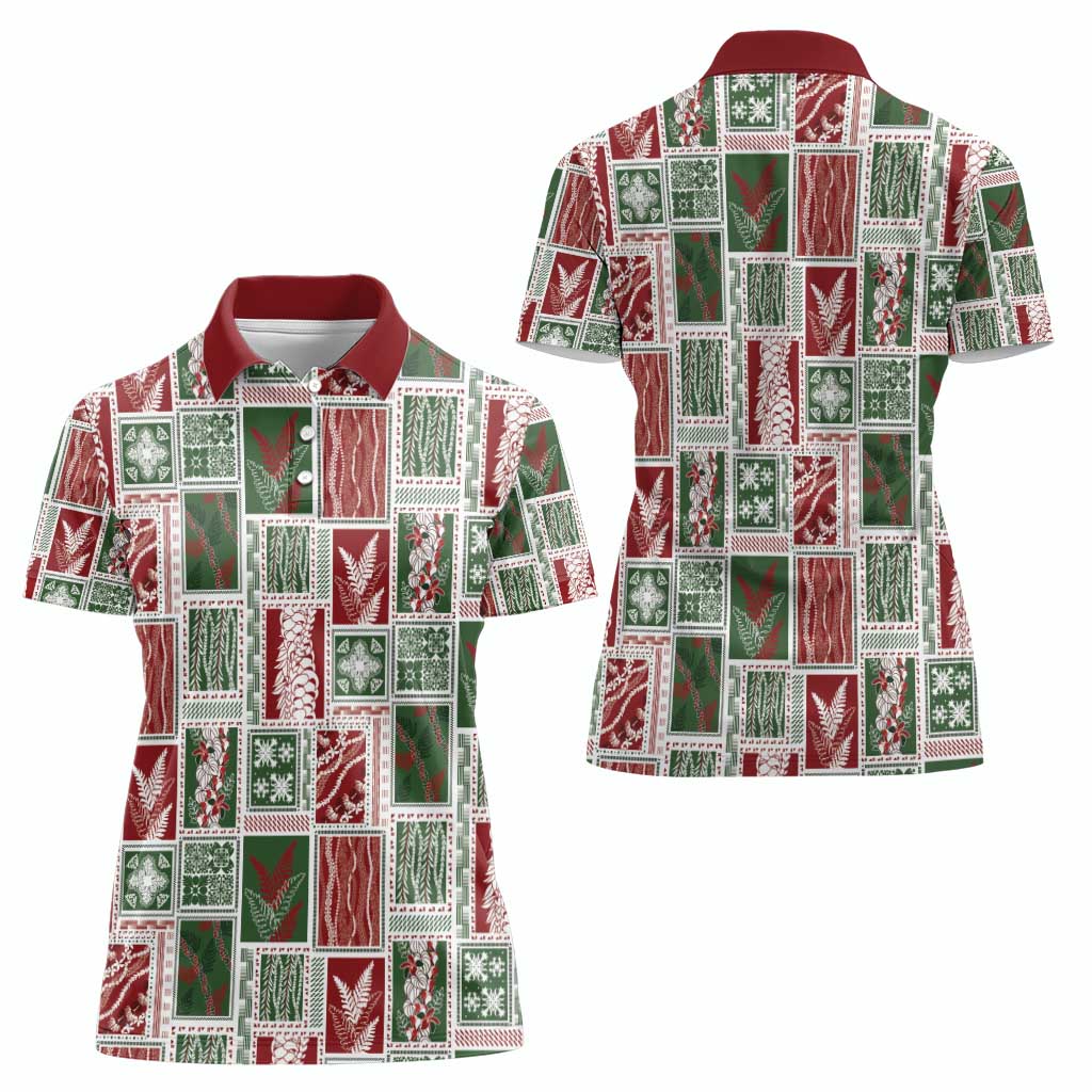 Mele Kalikimaka Hawaiian Quilt and Lei Patchwork Women Polo Shirt - Polynesian Pride