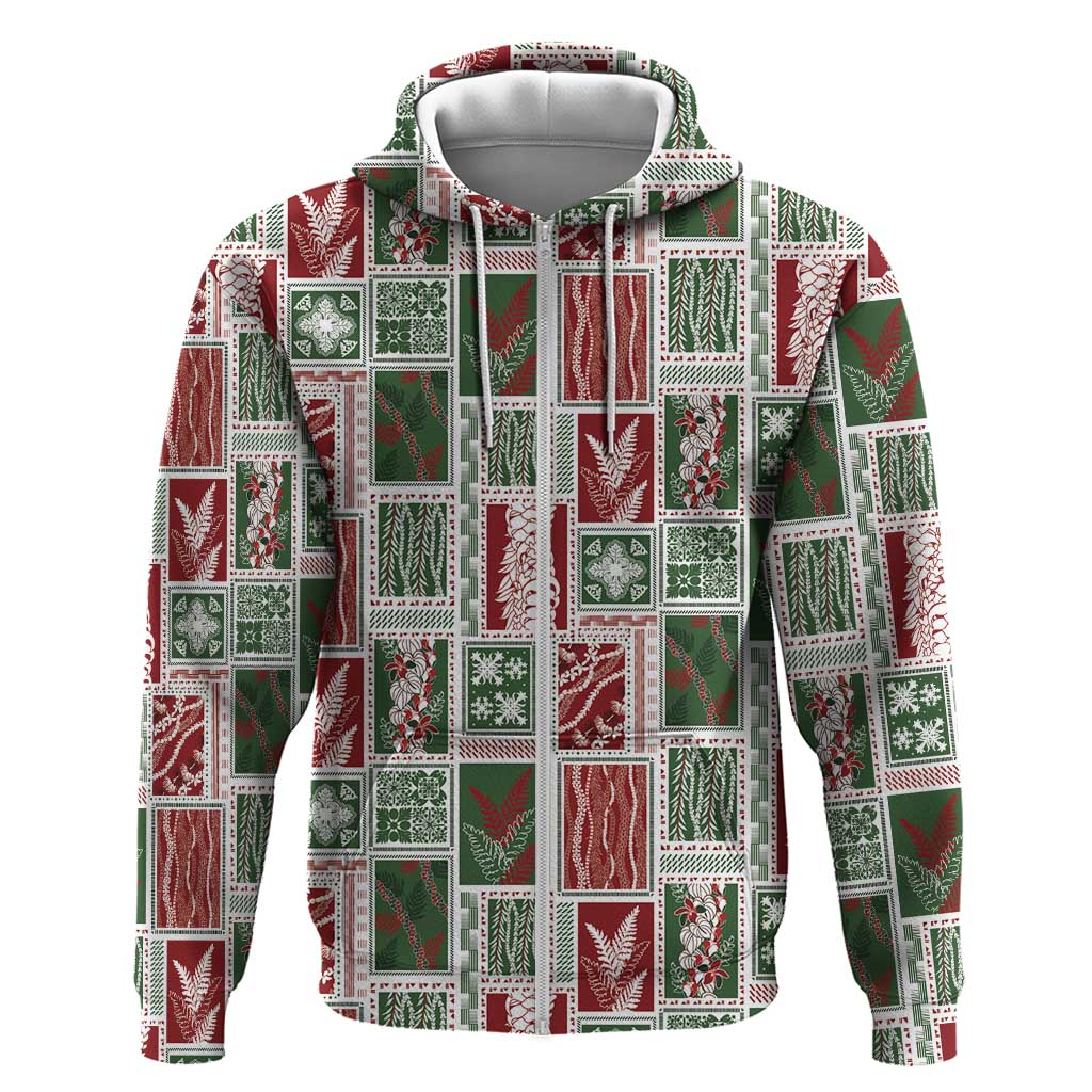 Mele Kalikimaka Hawaiian Quilt and Lei Patchwork Zip Hoodie - Polynesian Pride