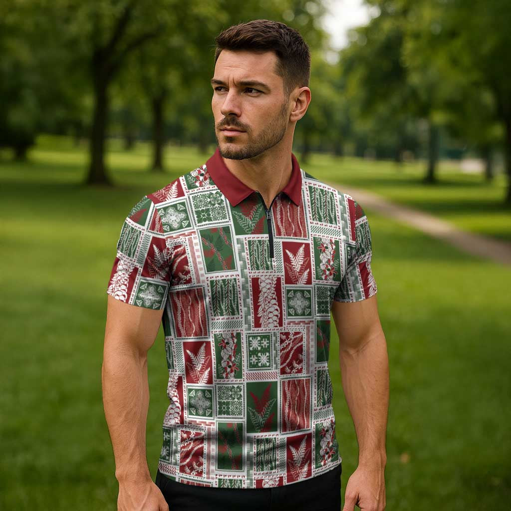 Mele Kalikimaka Hawaiian Quilt and Lei Patchwork Zipper Polo Shirt - Polynesian Pride