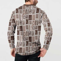 Vintage Aloha Block Quilt Button Sweatshirt Beige Inspired Lei Motifs - Polynesian Pride