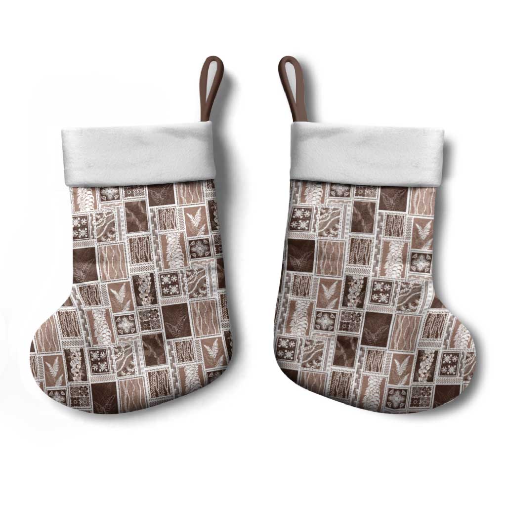 Vintage Aloha Block Quilt Christmas Stocking Beige Inspired Lei Motifs - Polynesian Pride