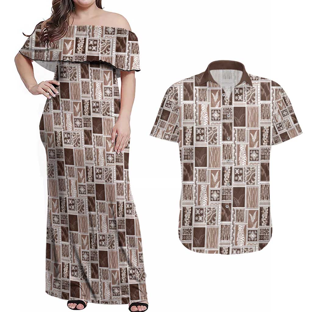 Vintage Aloha Block Quilt Couples Matching Off Shoulder Maxi Dress and Hawaiian Shirt Beige Inspired Lei Motifs - Polynesian Pride