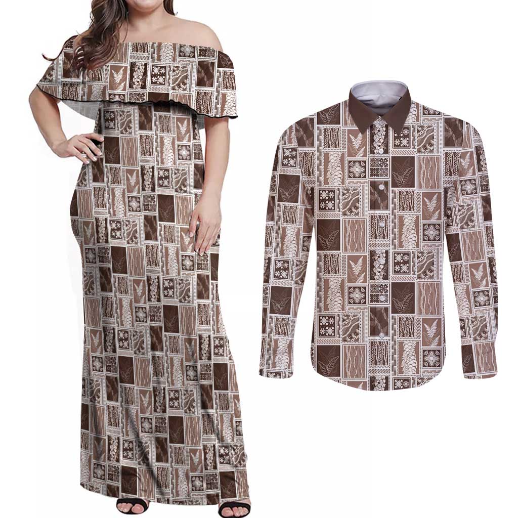 Vintage Aloha Block Quilt Couples Matching Off Shoulder Maxi Dress and Long Sleeve Button Shirt Beige Inspired Lei Motifs - Polynesian Pride