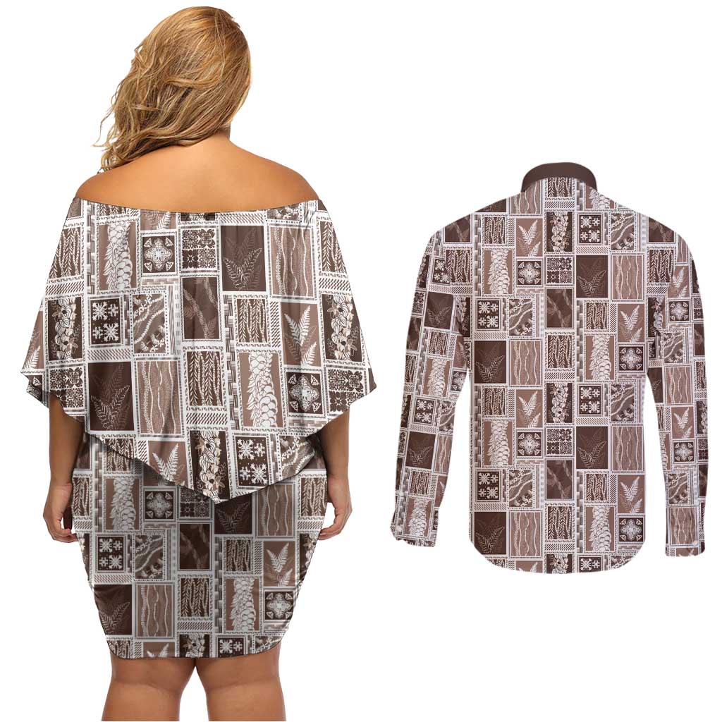 Vintage Aloha Block Quilt Couples Matching Off Shoulder Short Dress and Long Sleeve Button Shirt Beige Inspired Lei Motifs - Polynesian Pride