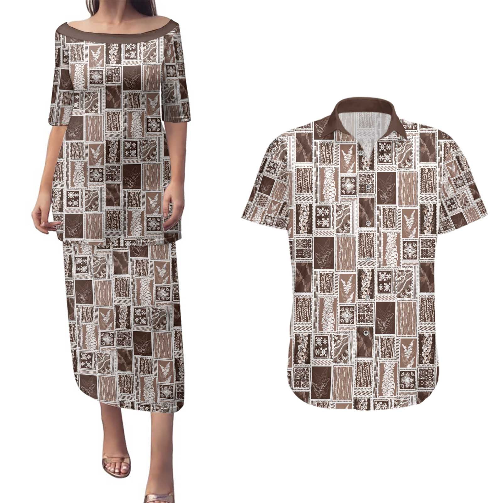 Vintage Aloha Block Quilt Couples Matching Puletasi and Hawaiian Shirt Beige Inspired Lei Motifs - Polynesian Pride