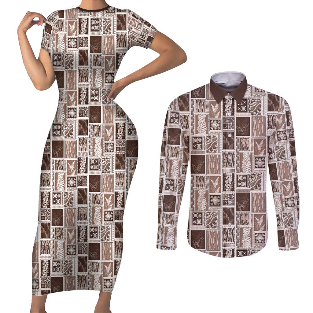 Vintage Aloha Block Quilt Couples Matching Short Sleeve Bodycon Dress and Long Sleeve Button Shirt Beige Inspired Lei Motifs - Polynesian Pride