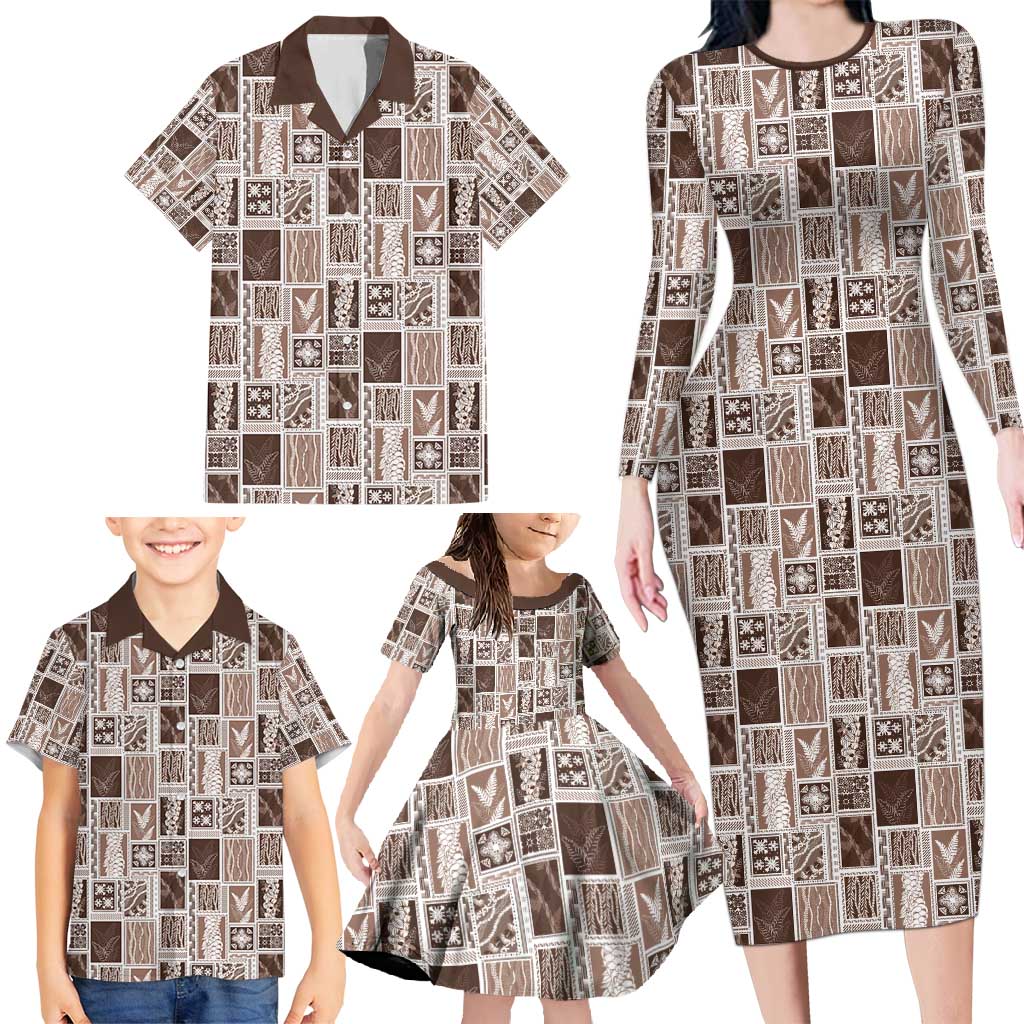 Vintage Aloha Block Quilt Family Matching Long Sleeve Bodycon Dress and Hawaiian Shirt Beige Inspired Lei Motifs - Polynesian Pride