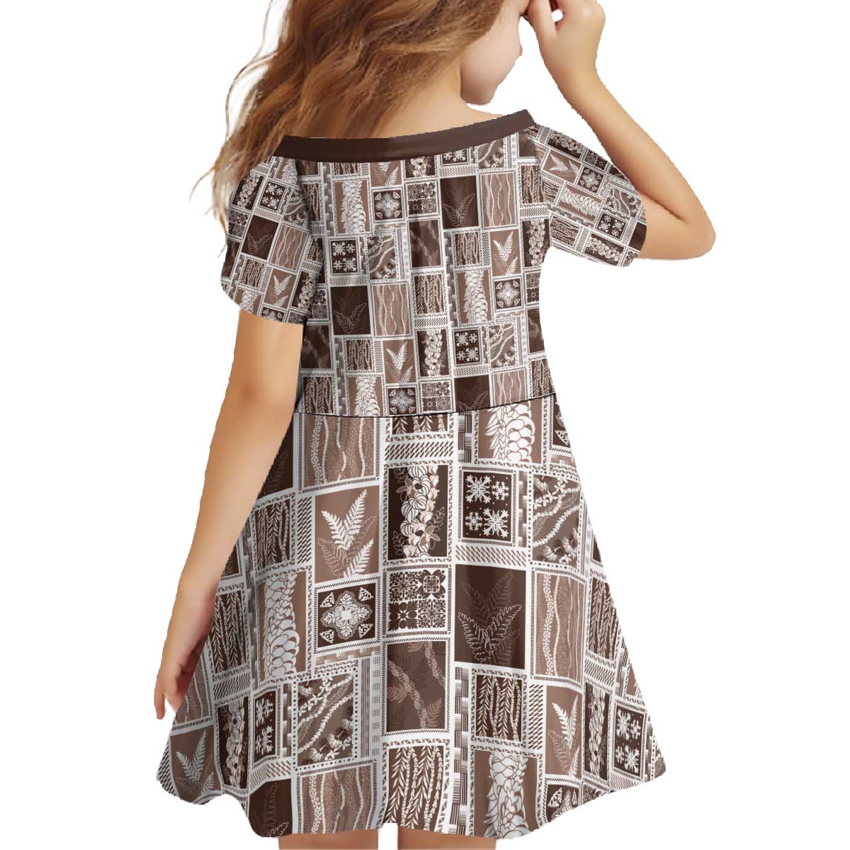 Vintage Aloha Block Quilt Family Matching Off The Shoulder Long Sleeve Dress and Hawaiian Shirt Beige Inspired Lei Motifs - Polynesian Pride