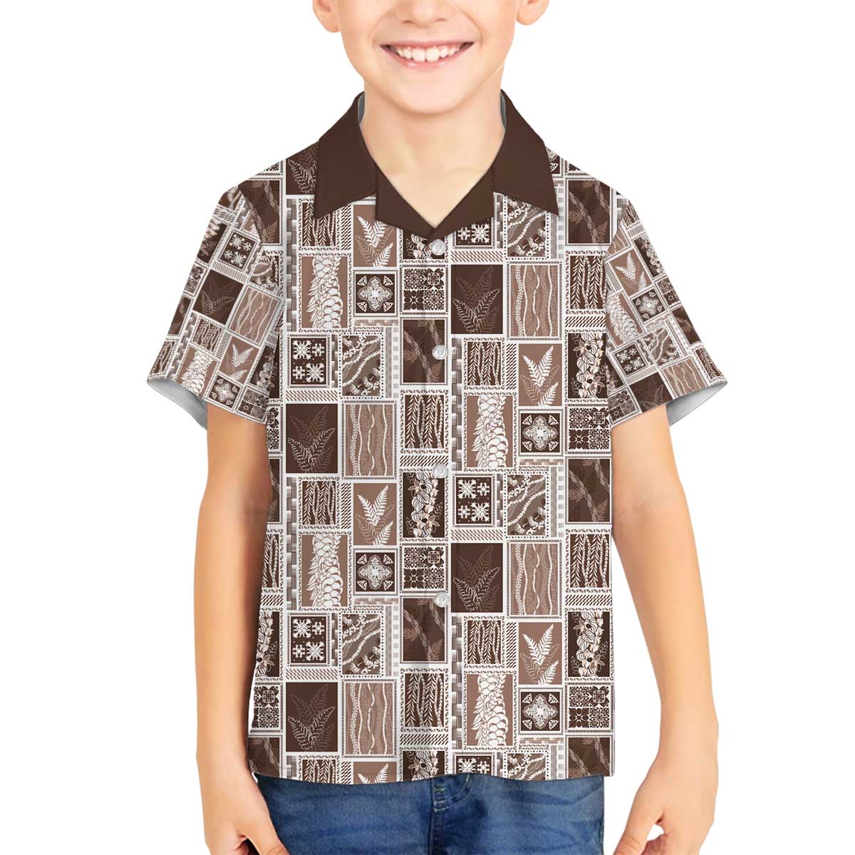 Vintage Aloha Block Quilt Family Matching Off The Shoulder Long Sleeve Dress and Hawaiian Shirt Beige Inspired Lei Motifs - Polynesian Pride