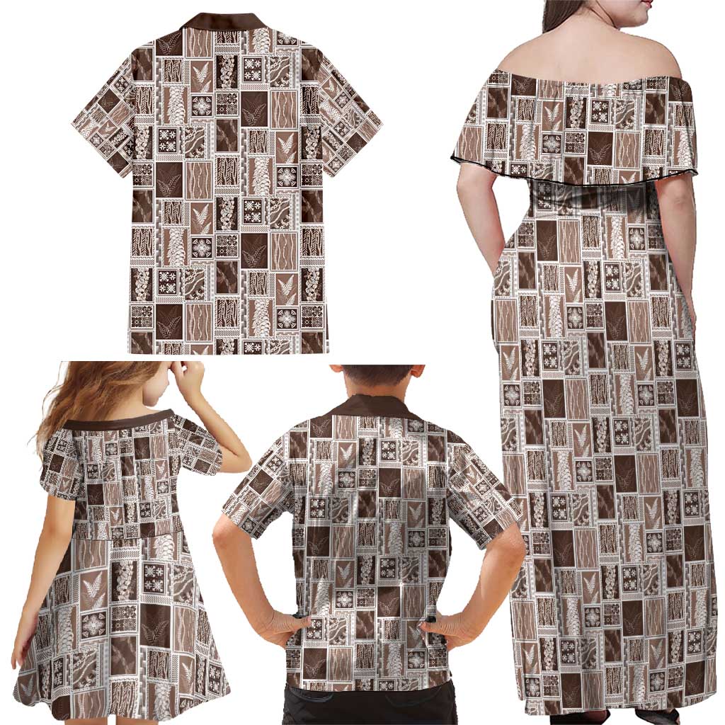 Vintage Aloha Block Quilt Family Matching Off Shoulder Maxi Dress and Hawaiian Shirt Beige Inspired Lei Motifs - Polynesian Pride