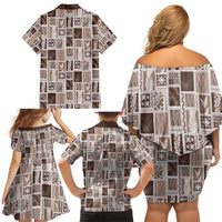 Vintage Aloha Block Quilt Family Matching Off Shoulder Short Dress and Hawaiian Shirt Beige Inspired Lei Motifs - Polynesian Pride