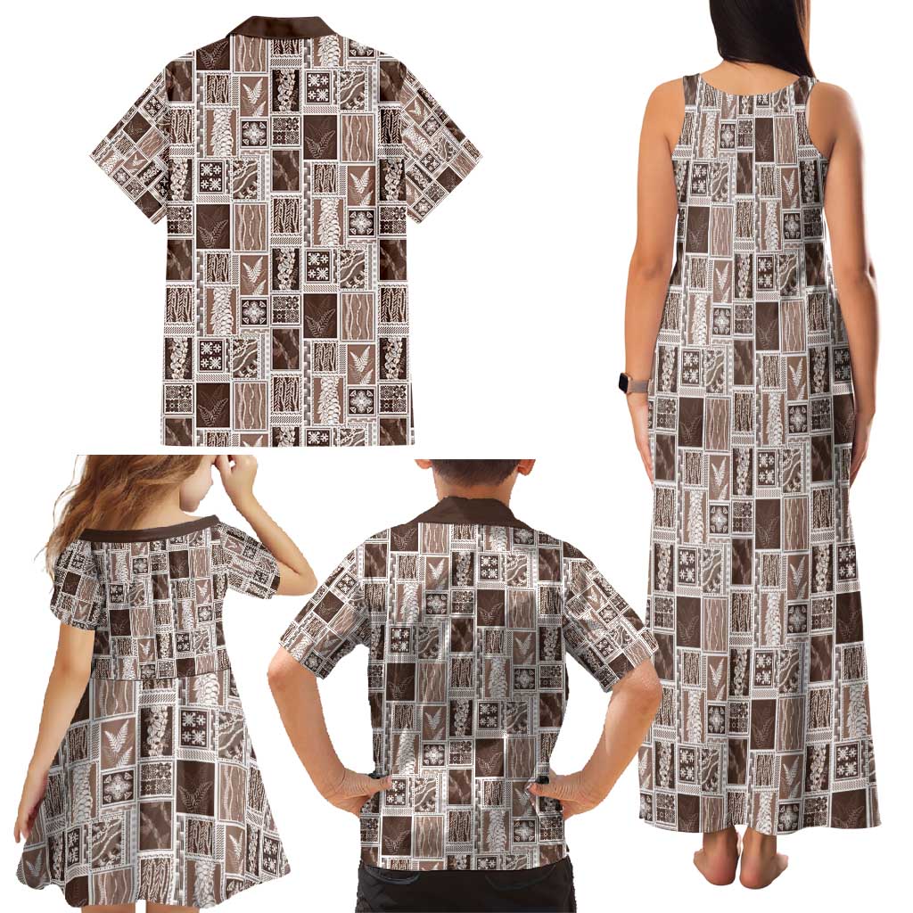 Vintage Aloha Block Quilt Family Matching Tank Maxi Dress and Hawaiian Shirt Beige Inspired Lei Motifs - Polynesian Pride
