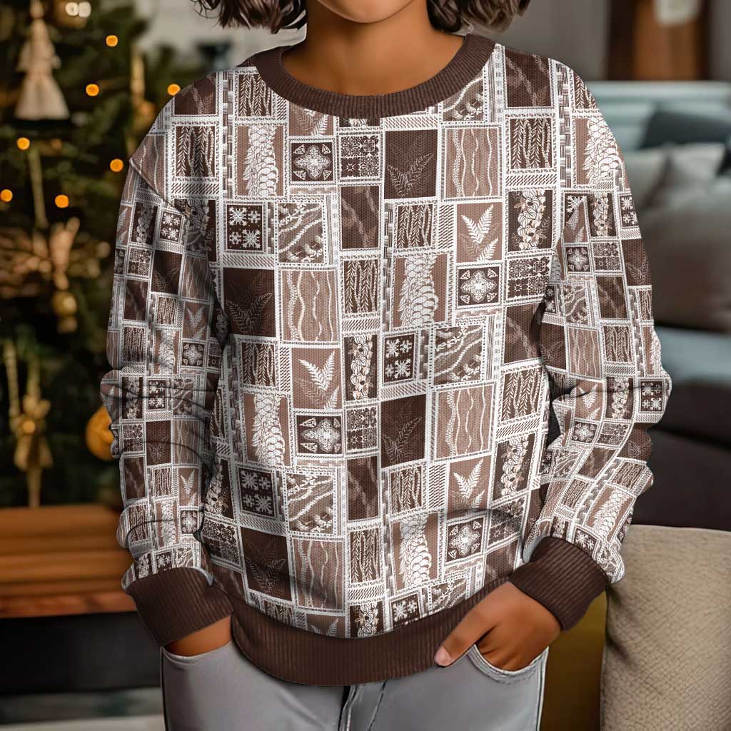 Vintage Aloha Block Quilt Kid Ugly Christmas Sweater Beige Inspired Lei Motifs - Polynesian Pride