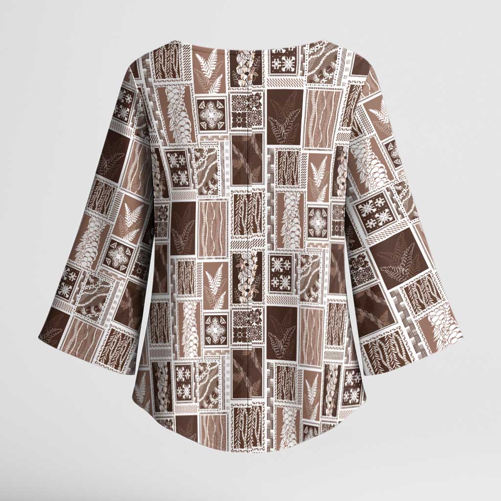 Vintage Aloha Block Quilt Kimono Sleeve Blouse Beige Inspired Lei Motifs - Polynesian Pride