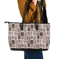 Vintage Aloha Block Quilt Leather Tote Bag Beige Inspired Lei Motifs - Polynesian Pride