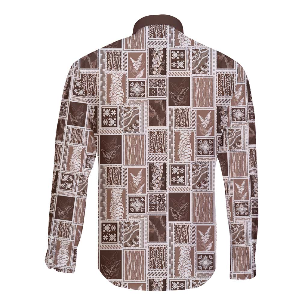Vintage Aloha Block Quilt Long Sleeve Button Shirt Beige Inspired Lei Motifs - Polynesian Pride