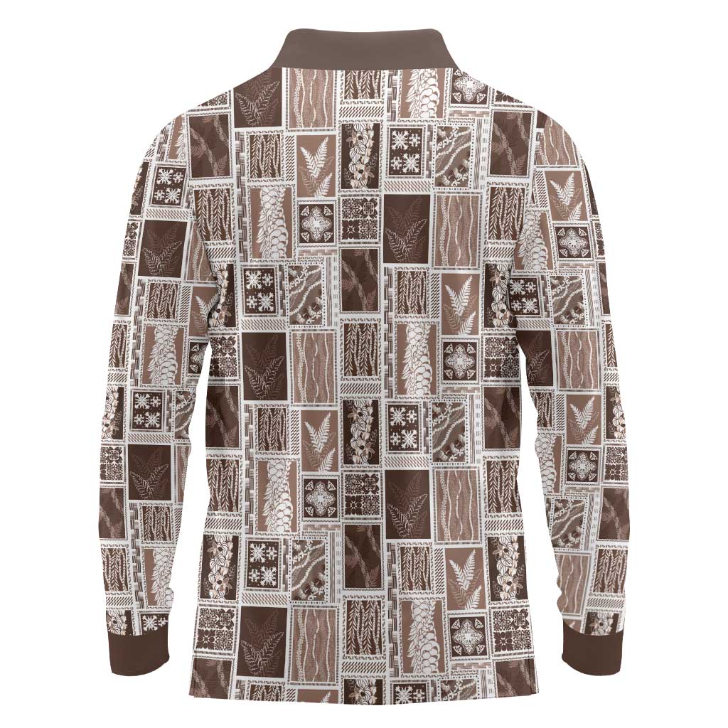 Vintage Aloha Block Quilt Long Sleeve Polo Shirt Beige Inspired Lei Motifs - Polynesian Pride