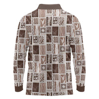 Vintage Aloha Block Quilt Long Sleeve Polo Shirt Beige Inspired Lei Motifs - Polynesian Pride