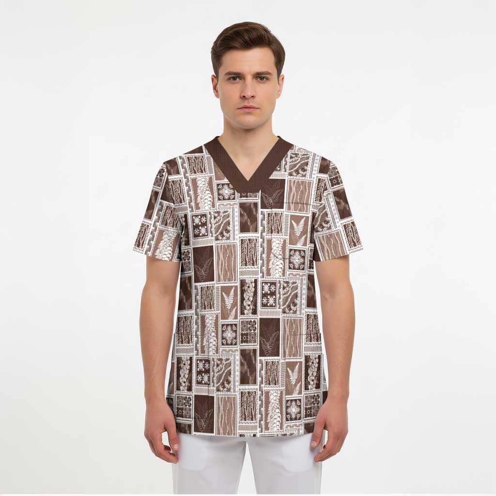 Vintage Aloha Block Quilt Scrub Top Beige Inspired Lei Motifs - Polynesian Pride