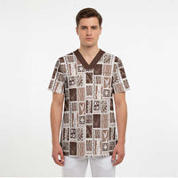 Vintage Aloha Block Quilt Scrub Top Beige Inspired Lei Motifs - Polynesian Pride