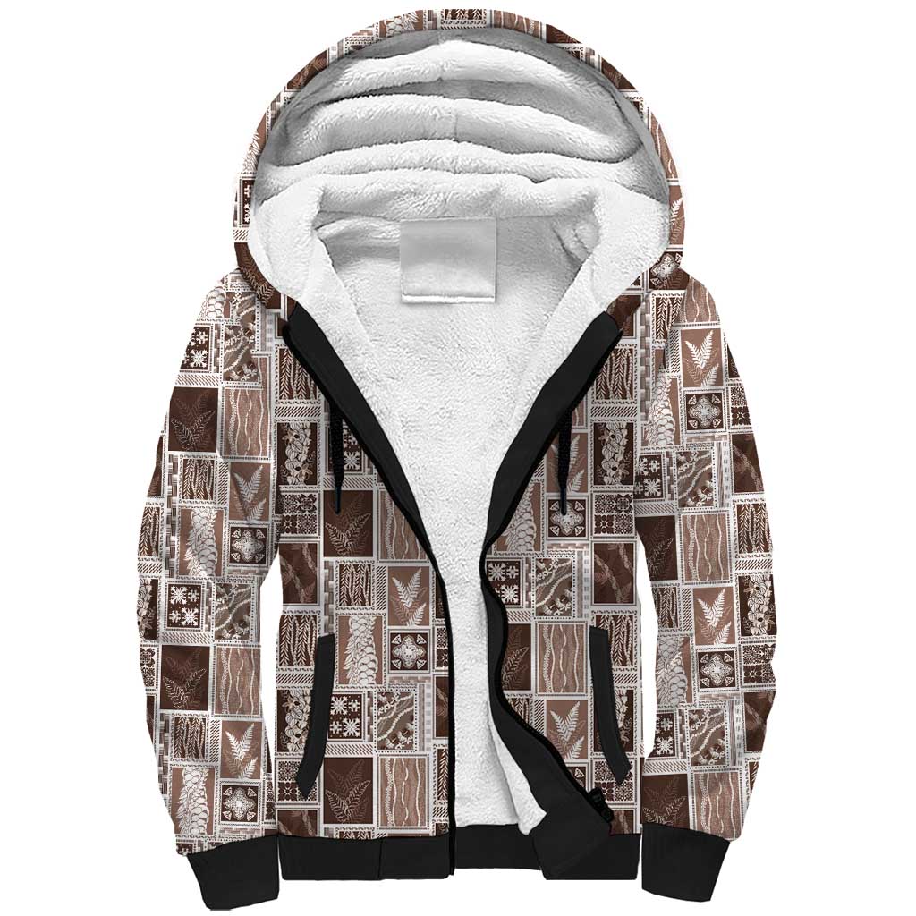 Vintage Aloha Block Quilt Sherpa Hoodie Beige Inspired Lei Motifs - Polynesian Pride