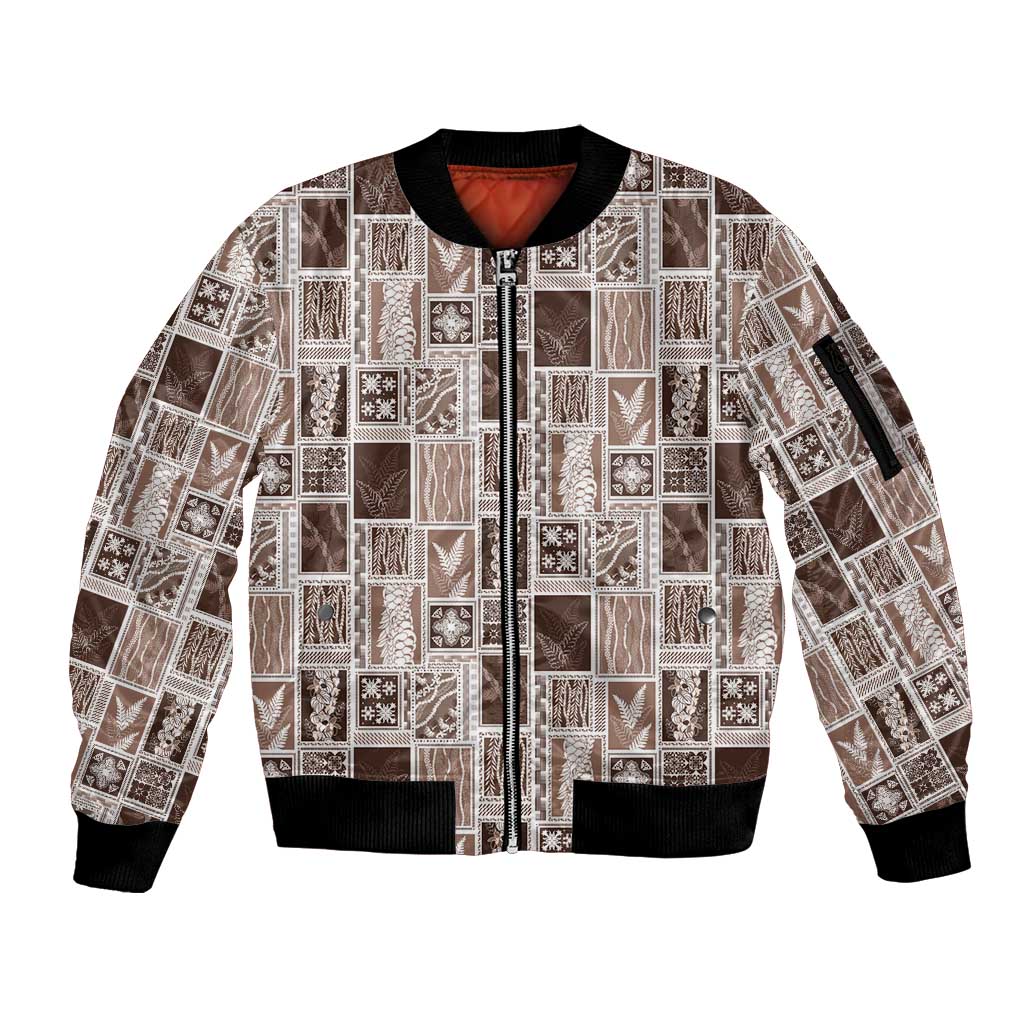 Vintage Aloha Block Quilt Sleeve Zip Bomber Jacket Beige Inspired Lei Motifs - Polynesian Pride