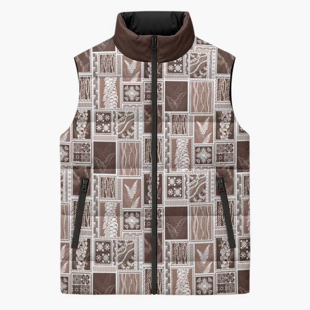 Vintage Aloha Block Quilt Sleeveless Puffer Jacket Beige Inspired Lei Motifs - Polynesian Pride