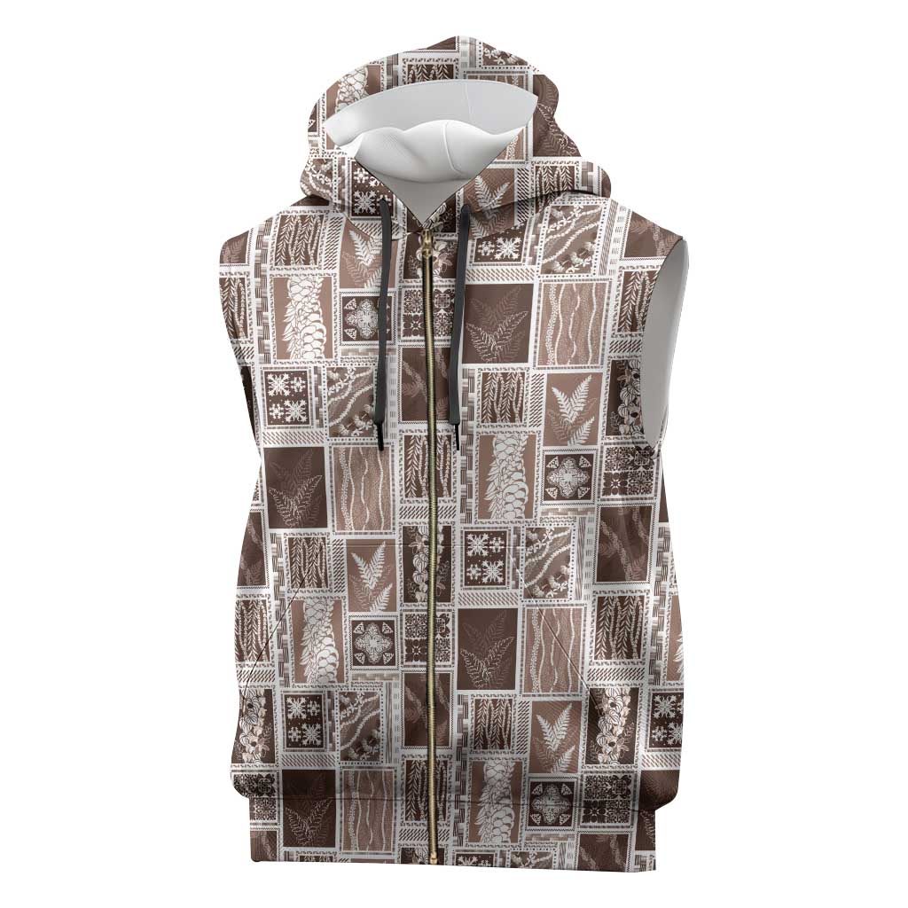 Vintage Aloha Block Quilt Sleeveless Zip Hoodie Beige Inspired Lei Motifs - Polynesian Pride